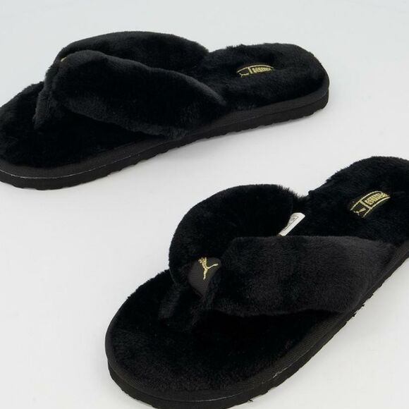 Puma Fluff Flip Slippers Black Team Gold - Picture 9 of 14